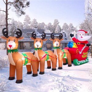 12FT Christmas Inflatables Santa Claus on Sleigh with Reindeer Deer Gift Box